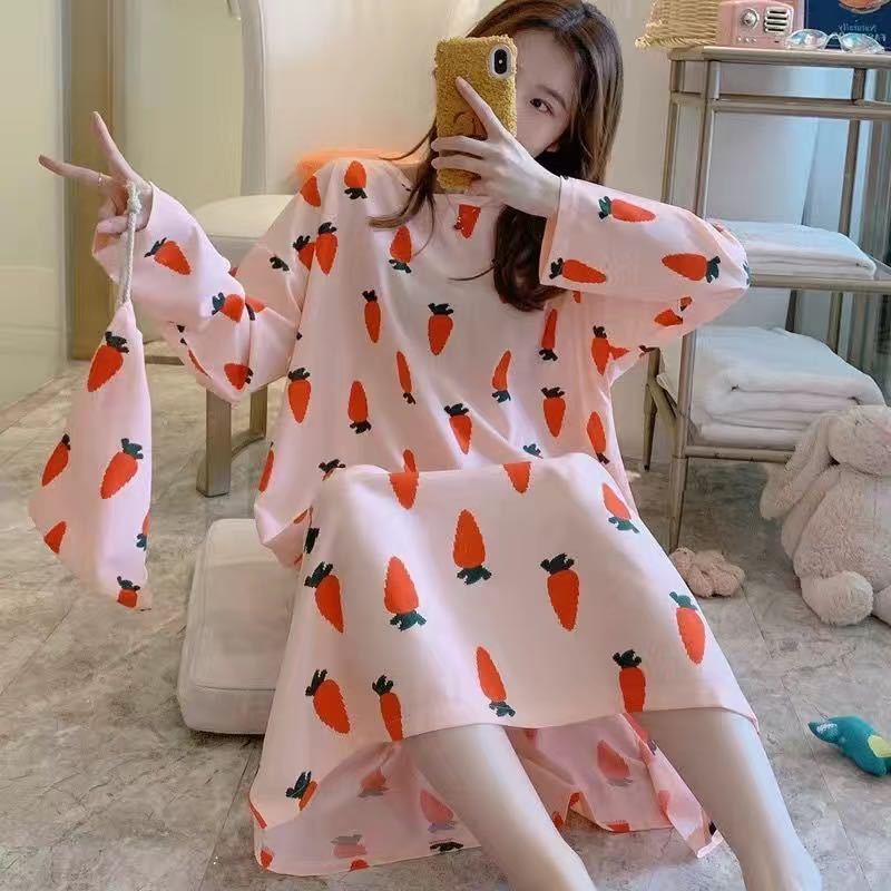 Pajamas women long sleeves long nightdress cartoon cute home service